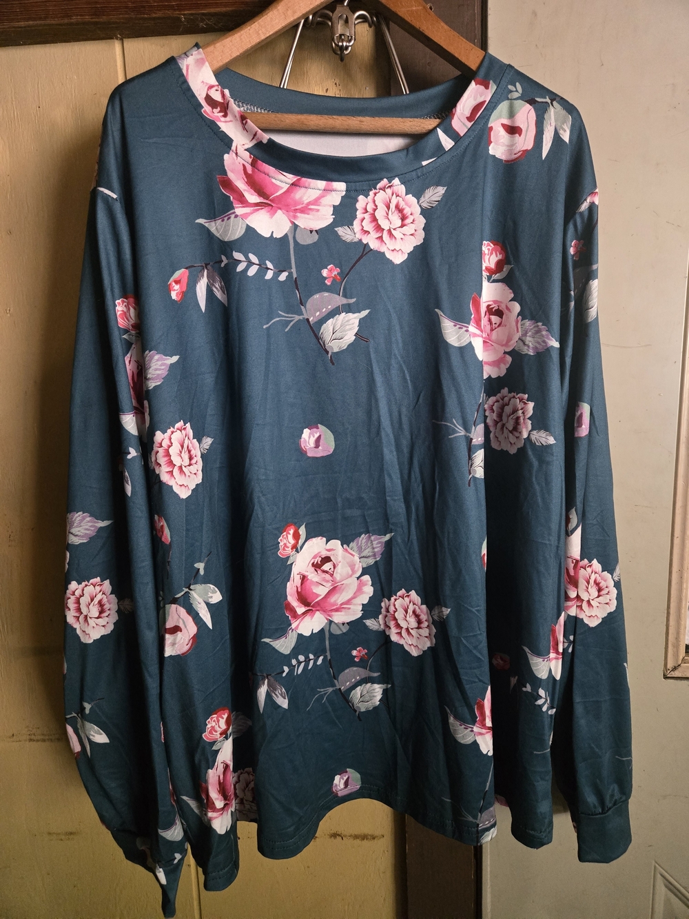 Floral Long Sleeve Tee - Teal with Pink Roses